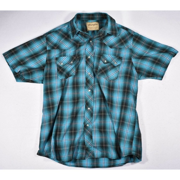 Wrangler Western Short Sleeve Button Up Mens Small Button Up Shirt Blue Plaid
